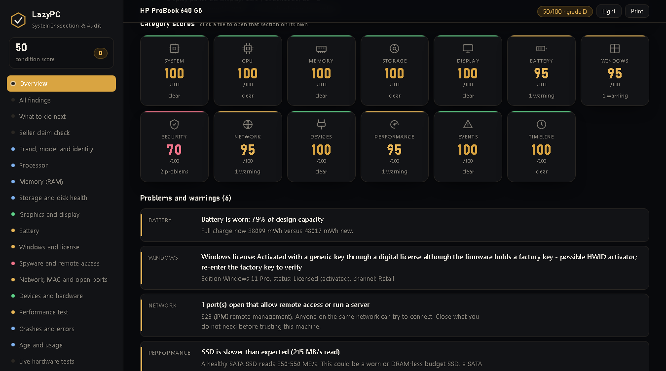 LazyPC Inspection — category tiles