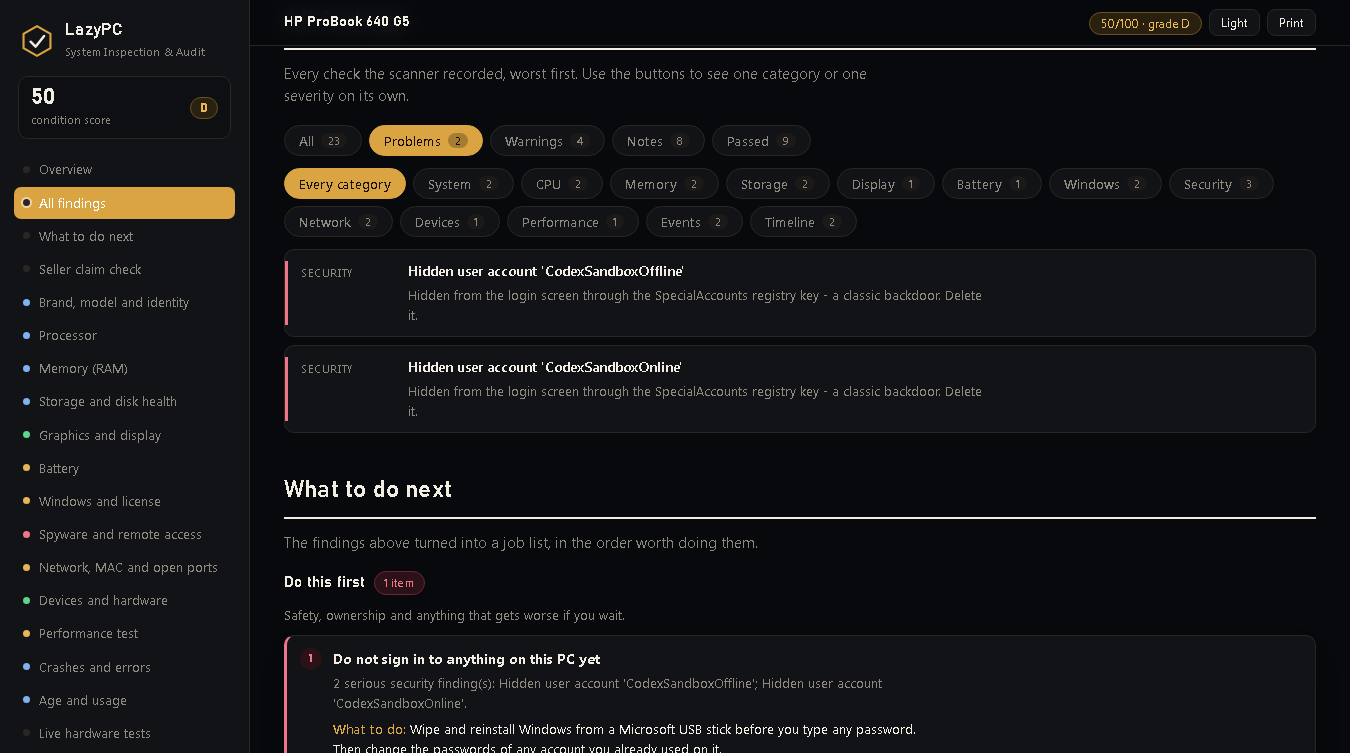 LazyPC Inspection — findings with filters
