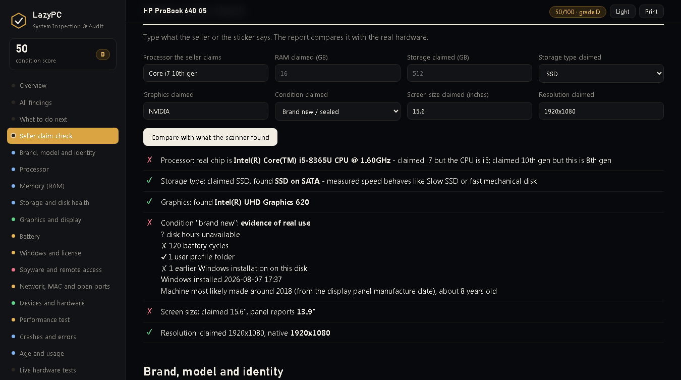 LazyPC Inspection — seller claim check