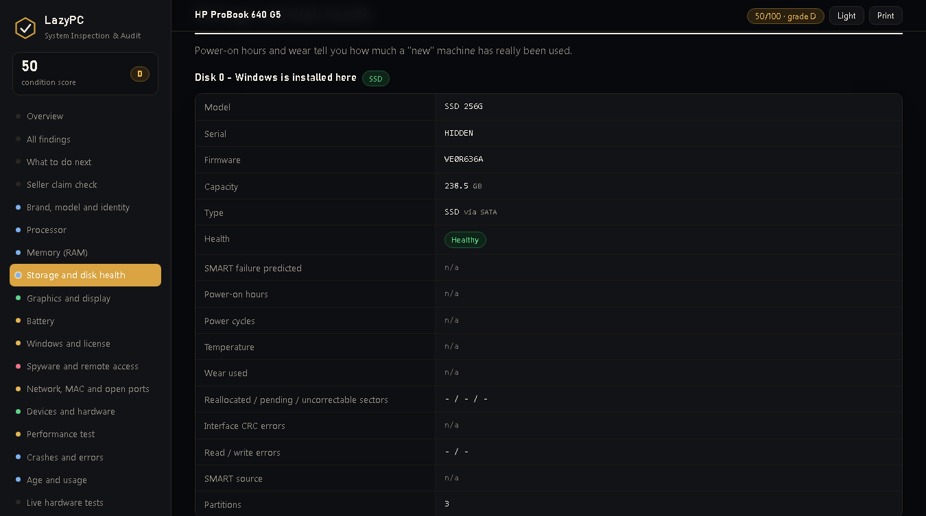 LazyPC Inspection — storage and disk health