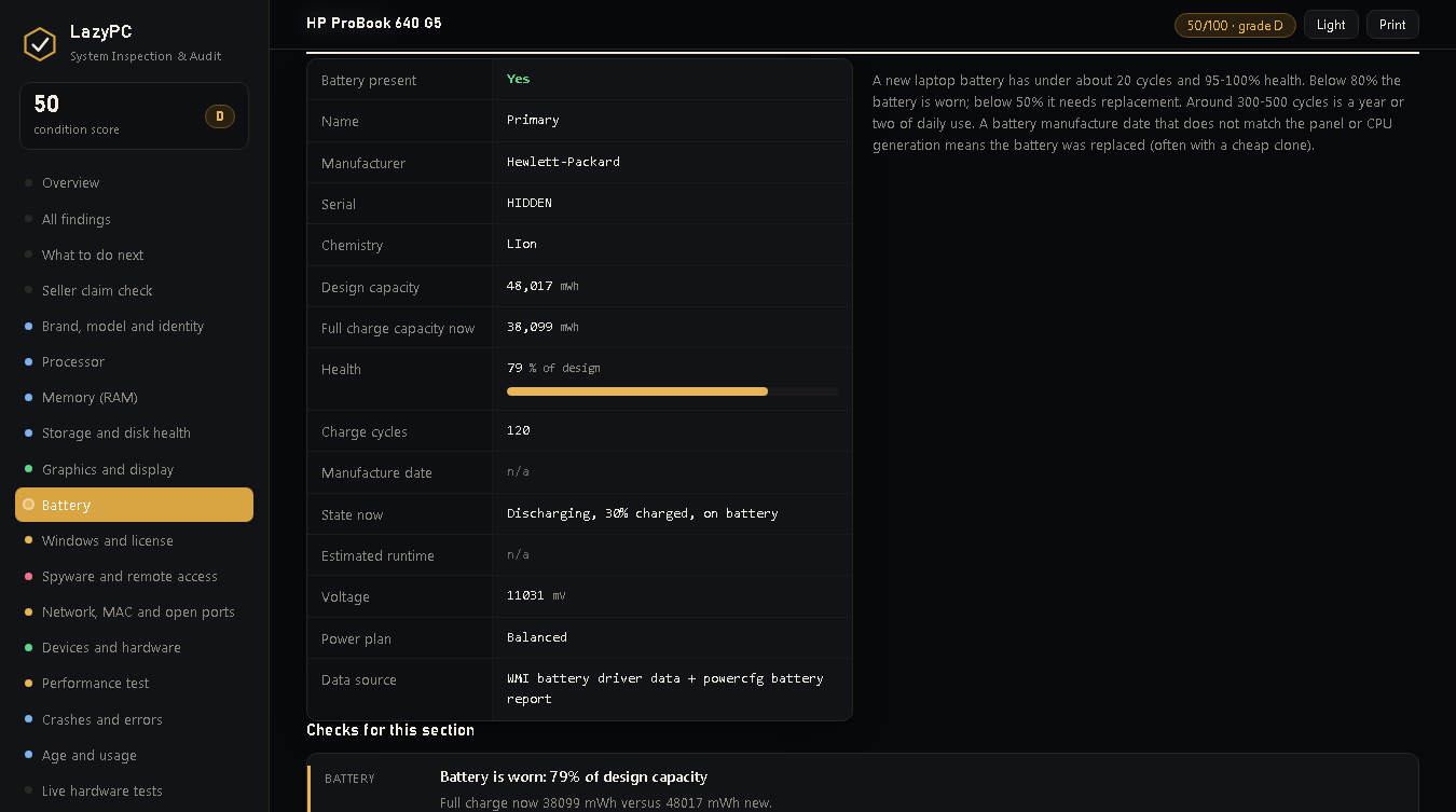 LazyPC Inspection — battery health